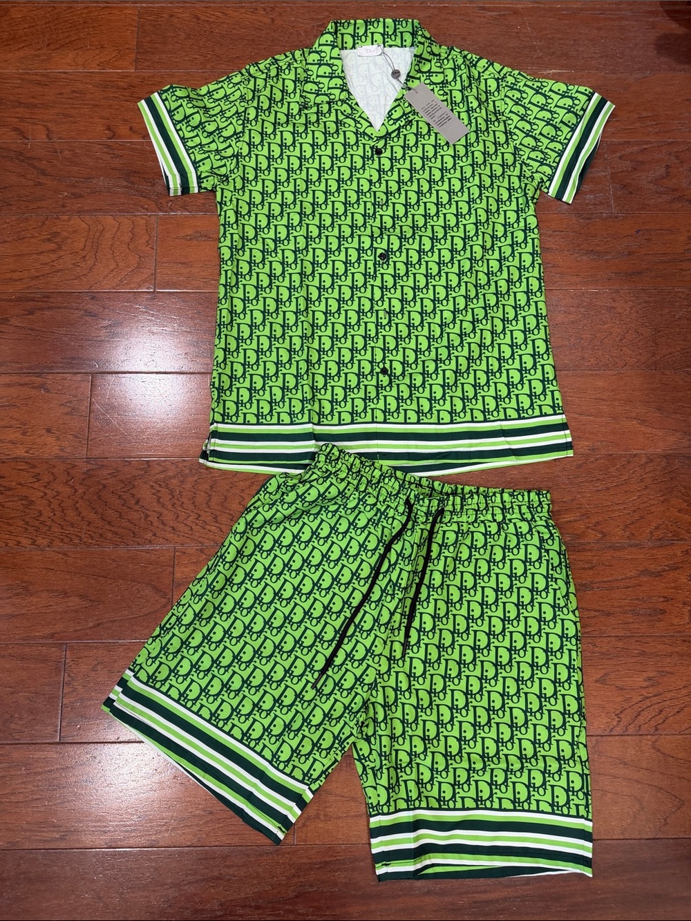 Women’s Neon Green Patterned Polo Pajama Set